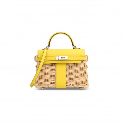 HERMÈS MASTER JAUNE DE NAPLES SWIFT LEATHER & OSIER MINI PICNIC KELLY WITH PALLADIUM HARDWARE (20*14*8cm) 